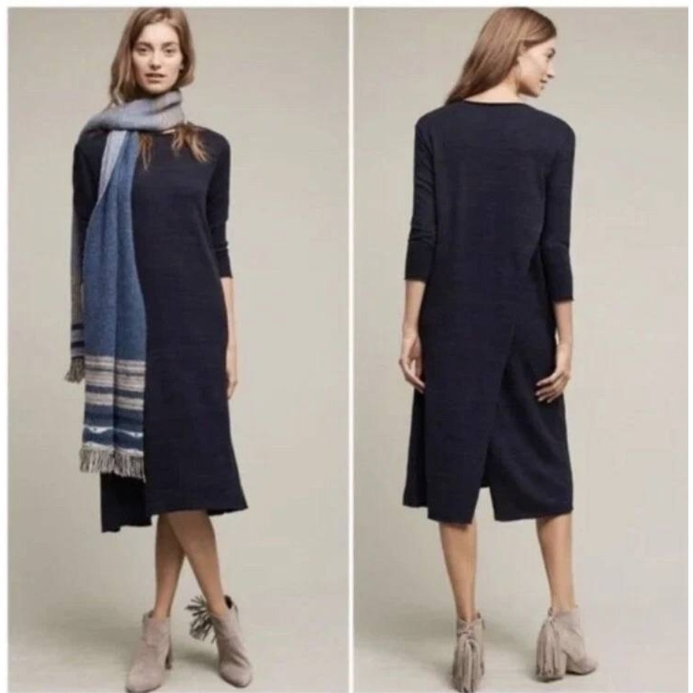 Moth Anthropologie Sweater Dress Women XS Navy Blue Tulip Wrap Long Sleeve Midi